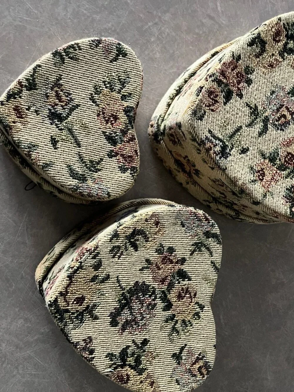 Vintage 1980s Heart-Shaped Embroidered/Needlepoint 3 Nesting Box Set